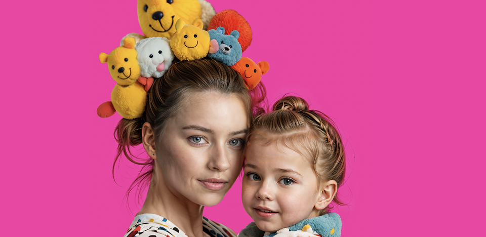 אישה יפה עם כובע דקורטיבי ומורכב מצעצועי ילדים עם תינוקת